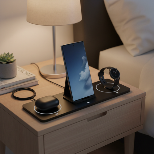 Chargeur 3-en-1 avec Samsung Galaxy sur table de nuit