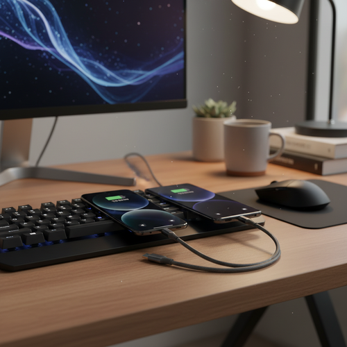 Câble 3-en-1 en charge sur iPhone et Samsung sur un bureau