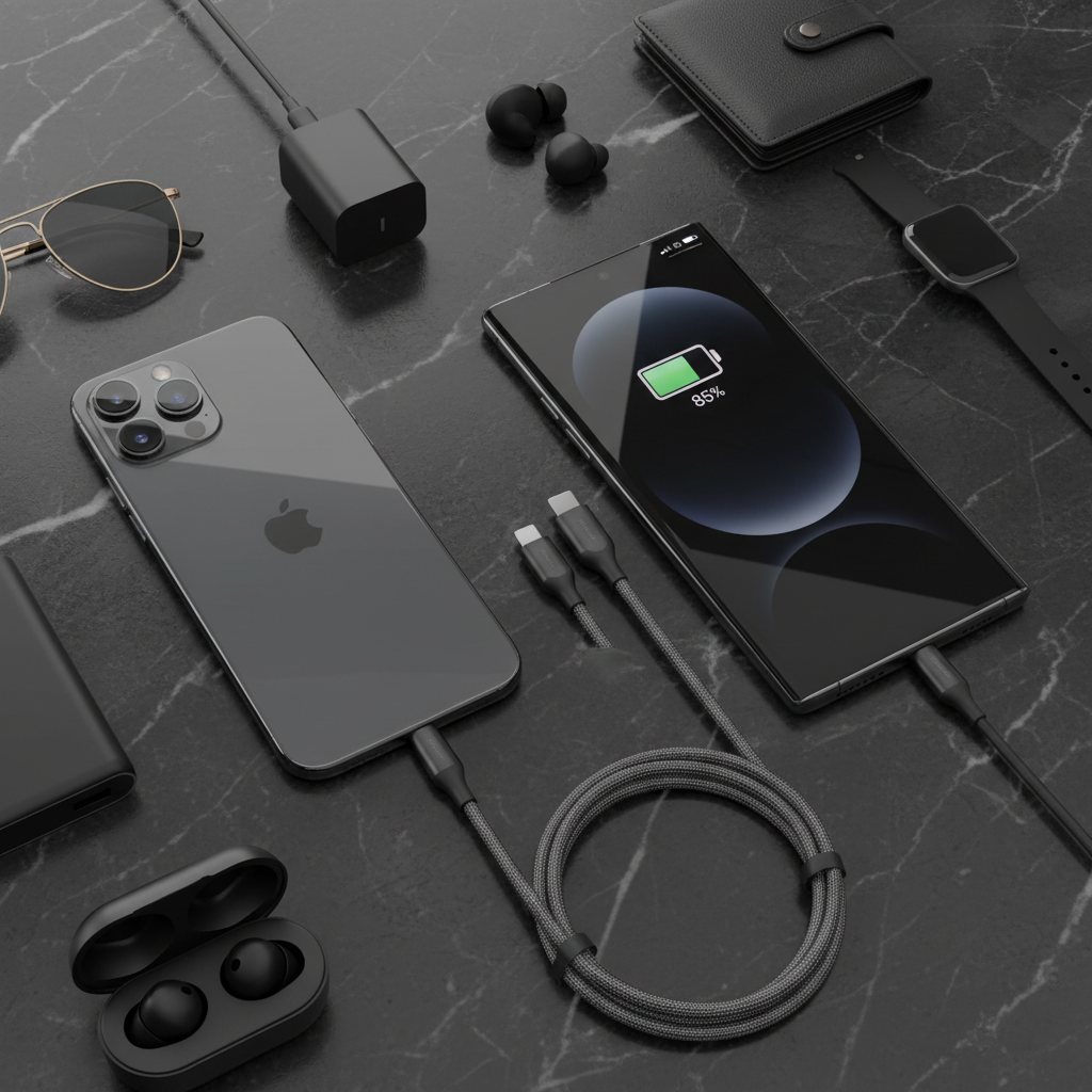 Câble 3-en-1 branché sur iPhone et Samsung Galaxy