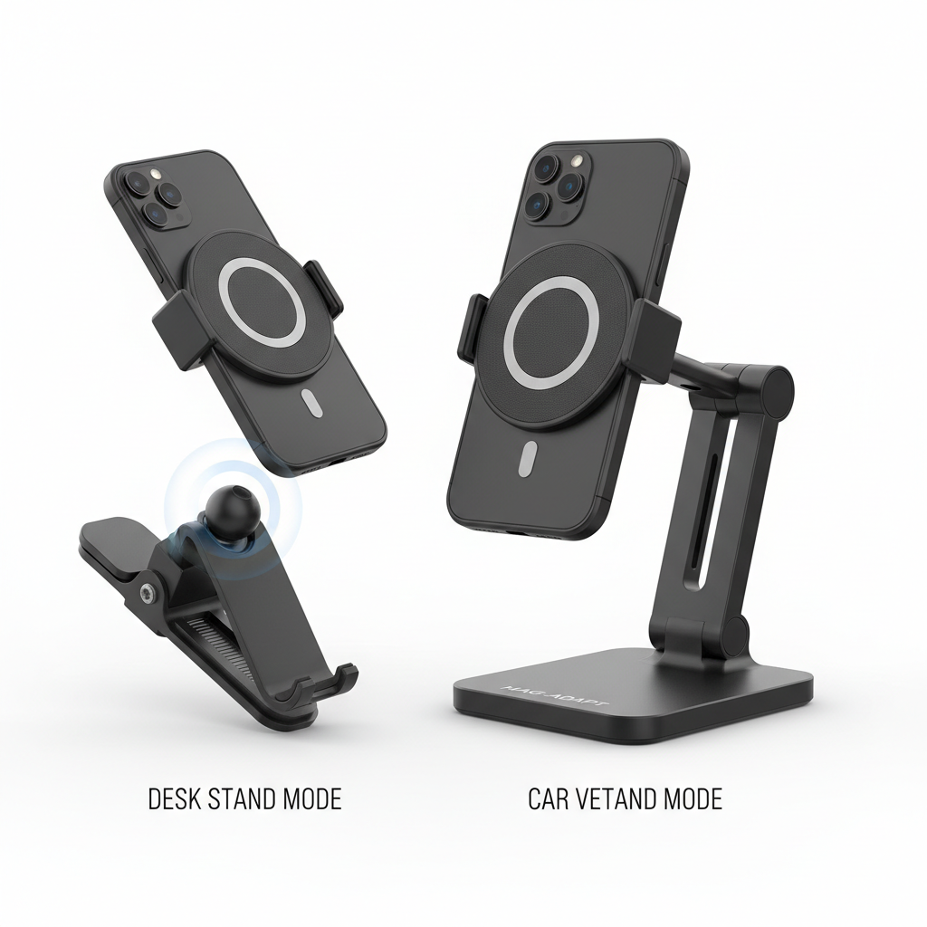 Support MagSafe multifonction vue principale bureau et voiture